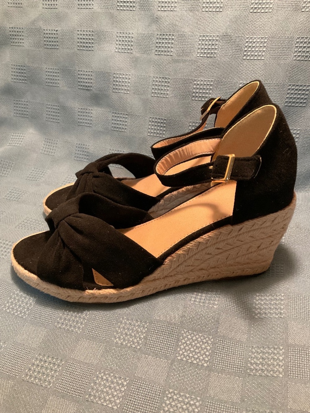 Ankle Strap Black Faux Suede Wedge Sandals Sz 39 / 8-8.5